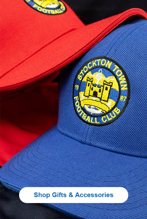 Red and blue caps with stockton town badges. 