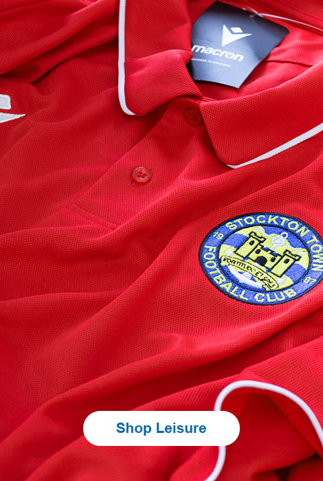 Red polo with stockton town badge.